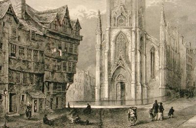 Head of West Bow, med Assembly Hall i mitten av 1800-talet, från "Scottish Pictures" publicerad av Religious Tract Society av English School