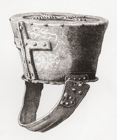 Hjälm, från Castle Pomeroy, England, från c. 1100-talet, från The British Army: Its Origins, Progress and Equipment, publicerad 1868. av English School