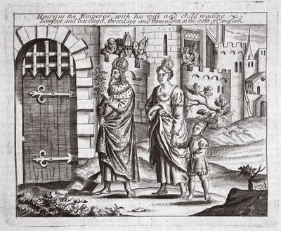 Henricus kejsaren med sin fru och sitt barn väntar, barfota och barbenta, tre dagar och tre nätter vid portarna till Canusuam, illustration från Acts and Monuments av John Foxe, nionde upplagan, av English School