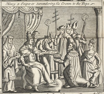 Henry 4 kejsare som överlämnar sin krona till påven, illustration från Acts and Monuments av John Foxe, nionde upplagan, pub. 1684 av English School