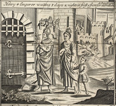 Henry 4-kejsaren väntar 3 dagar och nätter i frost och snö på tillträde till påven Gregory, illustration från Acts and Monuments av John Foxe, nionde upplagan, pub. 1684 av English School