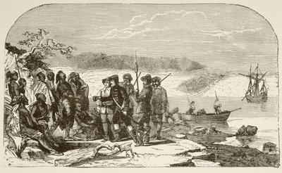 Henry Hudson erbjuder sprit till indianerna 1609 (litho) av English School