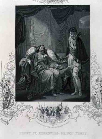 Henrik IV tillrättavisande prins Henrik, från Henrik IV av William Shakespeare (1564-1616) (gravyr) av English School