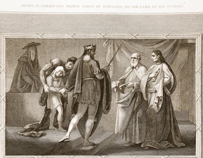 Henry IV som överlåter prins James av Skottland till sina lärares vård, illustration från David Humes The History of England, pub. av R. Bowyer, London, 1812 av English School