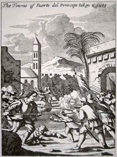 Henry Morgan erövrar och plundrar staden Puerto de Principe, Kuba, 1668, illustration från 