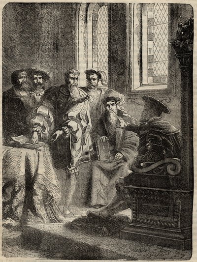 Henrik VIII. och hans råd som förordnar översättningen av Bibeln till engelska - 1538 - gravyr från "" History of England"" av Cassell Petter & Galpin av English School