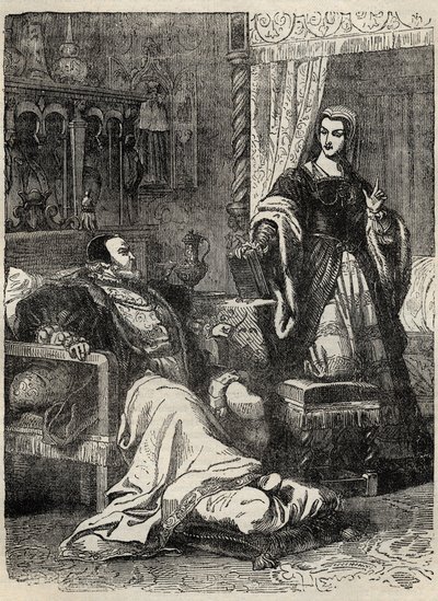 Henry VIII och drottningen Catherine Parr (1512-1548) - gravyr från "" History of England" av Cassell Petter & Galpin av English School