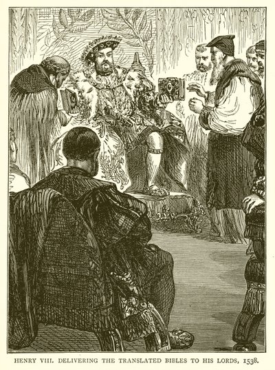 Henrik VIII levererade de översatta biblarna till sina herrar, 1538 av English School