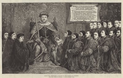 Henry VIII presenterar en stadga till College of Surgeons (gravyr) av English School