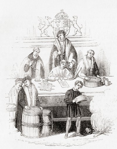 Henry VII:s rättegång med vikter och mått vid statskassan 1497, från Old England: A Pictorial Museum, pub. 1847 av English School