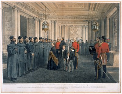 Hennes Majestät Drottning Victoria (1819-1901) och H.R.H Prins Albert (1819-61) inspekterade de sårade soldaterna från grenadjärgardet vid Buckingham Palace, 1855 av English School