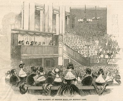 Hennes Majestät Drottning Victoria i Exeter Hall, Strand, London av English School