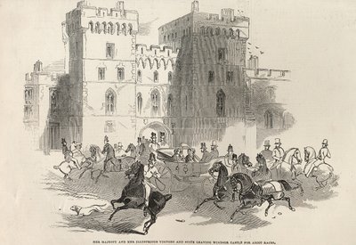 Hennes Majestät och hennes berömda besökare och svit lämnar Windsor Castle för Ascot Races, från "The Illustrated London News", 14 juni 1845. av English School