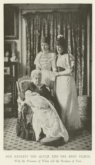 Hennes Majestät drottningen och babyprinsen, med prinsessan av Wales och hertiginnan av York av English School