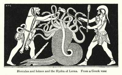 Hercules och Iolaus och Lerna Hydra (litho) av English School