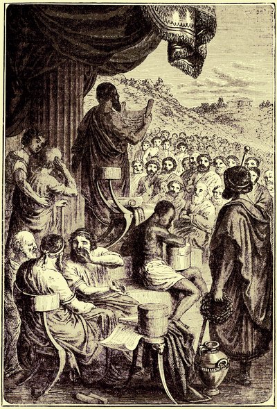 Herodotos läser sin historia vid en offentlig festival, illustration från The Illustrated History of the World, publicerad ca 1880 (digitalt förbättrad bild) av English School