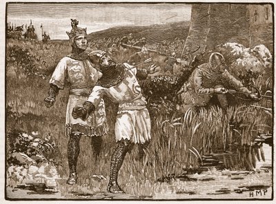 Heroism of St. Clair at the Siege of Bridgnorth Castle, illustration från Cassells Illustrated History of England (sepiafoto) av English School