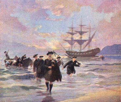 Höglandsbosättare anländer till Pictou, Nova Scotia, från "Hector", 1773 (färglitografi) av English School