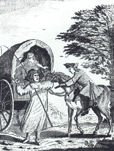 Highwayman John Cotington rånar en armélönevagn på Shotover Hill (gravyr) av English School