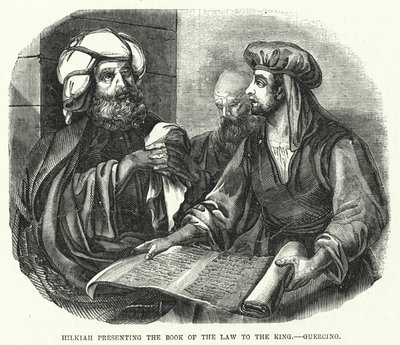 Hilkia presenterar lagboken för kungen, Guercino (gravyr) av English School