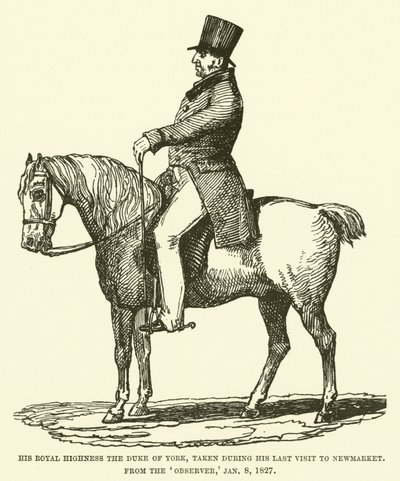 His Royal Highness the Duke of York, tagen under hans senaste besök på newmarket, från Observer, 8 januari 1827 (gravyr) av English School
