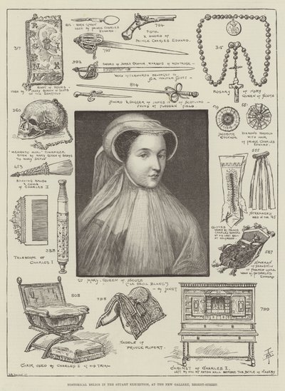 Historiska reliker i Stuart-utställningen, på New Gallery, Regent-Street (gravyr) av English School