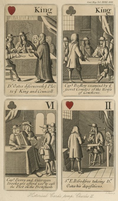 Historiska spelkort som berättar historien om kung Karl II av English School