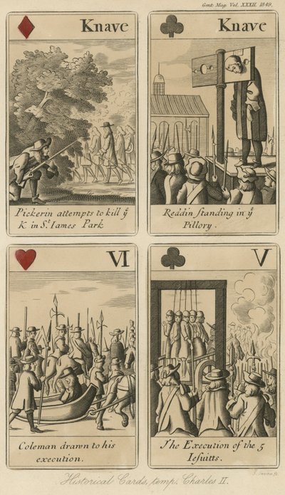 Historiska spelkort som berättar historien om kung Karl II av English School