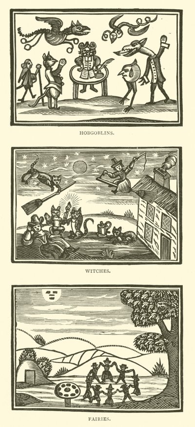 Hobgoblins, häxor, älvor (träsnitt) av English School