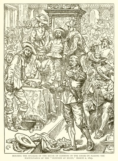 Håller talmannen för underhuset som ordförande när han godkände bibehållandet av framställningen om rätt, 2 mars 1629 av English School