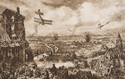 Håller upp en tysk attack, Armentieres, Belgien, illustration från 