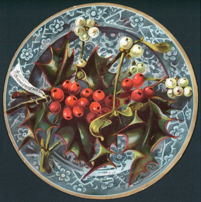Stechpalme und Mistel auf einem Teller, Weihnachtskarte von English School