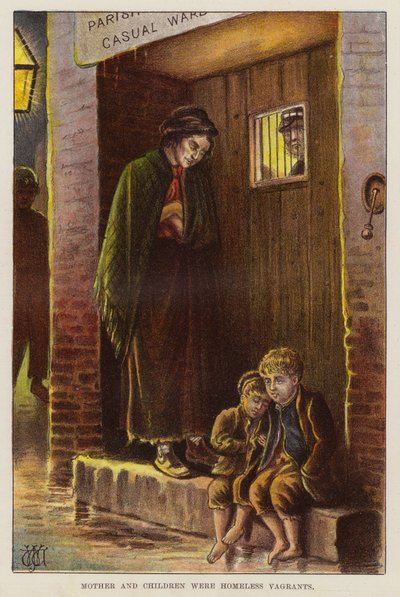 Hemlös mamma och barn i det viktorianska Storbritannien (chromolitho) av English School