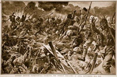 Brittiska territorier med huva laddar de tyska skyttegravarna vid Loos, 25 september 1915, 1914-19 av English School
