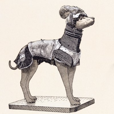 Hund i kroppsskydd (färgad gravyr) av English School