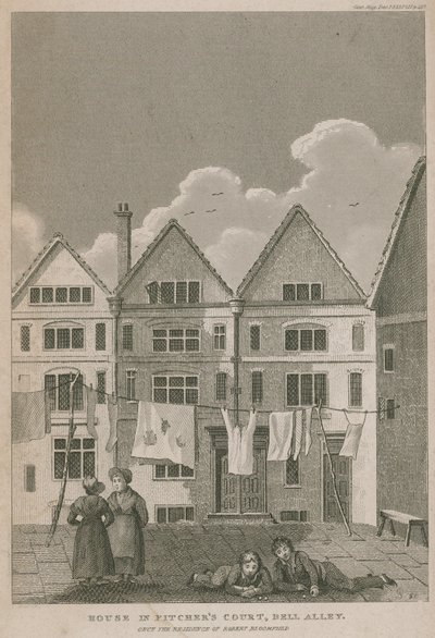Hus i Pitchers Court, Bell Alley, en gång bostad för Robert Bloomfield av English School