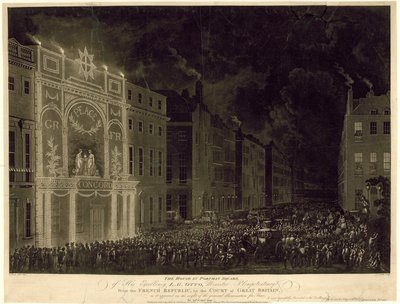 Hus på Portman Square av den franska ambassadören, upplyst för att fira freden, 29 april 1802 av English School