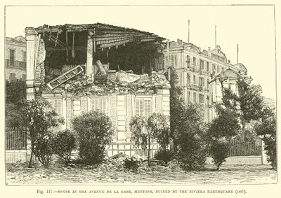 Hus på Avenue de la Gare, Mentone, förstört av jordbävningen på Rivieran, 1887 av English School