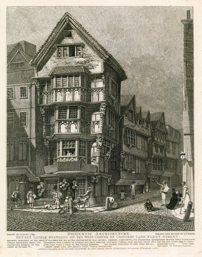 Hus nyligen stående på det västra hörnet av Chancery Lane, Fleet Street, London av English School