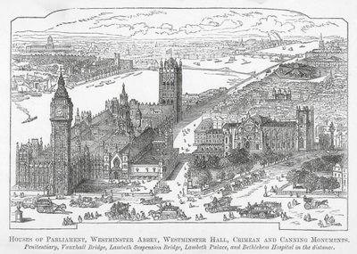 Houses of Parliament, Westminster Abbey, Westminster Hall, Crimean- och Canningmonumenten (gravyr) av English School