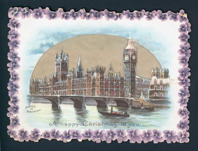 Houses of Parliament på vintern, julkort av English School
