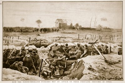 Hur Northumberland Fusiliers mötte en attack på deras första linjens skyttegravar vid Ypres, 1914-19 av English School