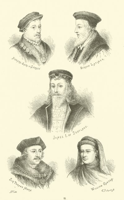 Howard, Earl of Surrey, Bishop Latimer, James I of Scotland, Sir Thomas More, William Caxton av English School