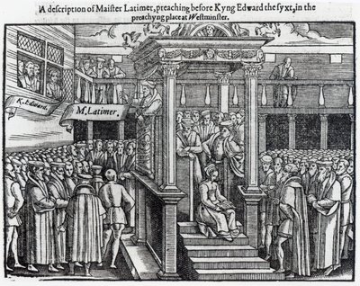 Hugh Latimer (ca 1485-1555) Predikar inför kung Edward VI (1537-53) i Westminster 1547, från "Acts and Monuments" av John Foxe (1516-87) 1563 av English School