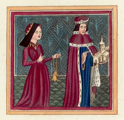 Humphrey Duke of Gloucester och hans andra fru, Eleanor Cobham (färgad gravyr) av English School