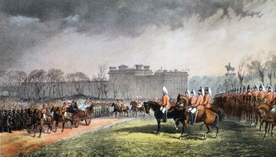 Hyde Park - Prinsessan passerar volontärernas linjer, 7 mars 1863, från A Memorial of the Marriage of Edward VII and Alexandra of Denmark, pub. 1864 av English School