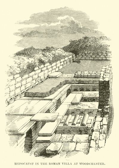 Hypocaust i den romerska villan i Woodchester av English School