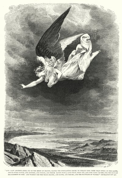 Jag såg en annan ängel flyga mitt i himlen, Uppenbarelse XIV, 6, 7 (gravyr) av English School
