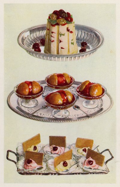 Ispudding; Peches Melba; Cream Ices (färglitografi) av English School