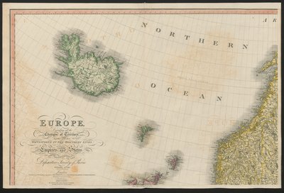 Island och Norge, från Europa, som beskriver alla förändringar av territoriet, tillsammans med deras avvikelser i gränslinjerna för dess flera imperier och stater som överenskommits om och bekräftas av det definitiva fördraget i Paris, 20 november 1815, pu av English School